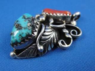 Native American STERLING Silver TURQUOISE & CORAL Pendant  