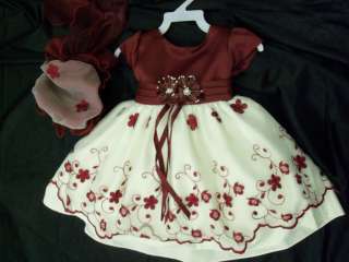 new girl ivory Burgundy pageant Christmas party dress w bonnet 12m 18m 