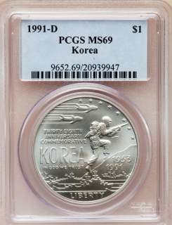 1991 D Korean War Commemorative Silver Dollar PCGS MS69  