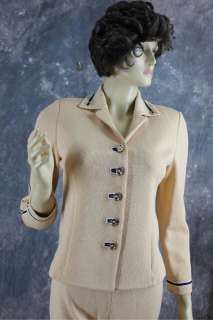 Women knit trim black camel pant suit jacket blazer St John Collection 