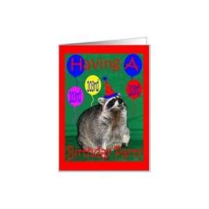   to 103rd Birthday Party, Raccoon with party hat and balloons Card