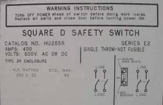 New Square D HU265R Safety Switch 400 Amp 600 VAC N3R  