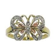 Tri Color Diamond Cut Butterfly Ring. 10K Rose, White and Yellow Gold 