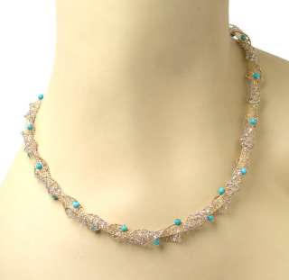 STRIKING VINTAGE 14k TWO TONE GOLD & TURQUOISE MESHED NECKLACE