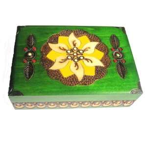 Wooden Box, 5079, Traditional Polish Handcraft, Hinged, Green with 