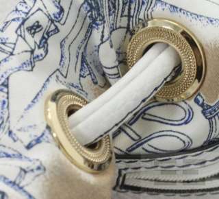   Denim White Pebbled Leather Trim Drawstring Crossbody Handbag  