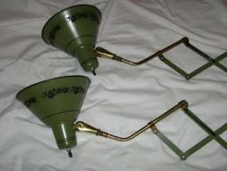 PAIR Vintage TOLE Wall LAMPS Extendable SCISSOR Arms RARE Green 