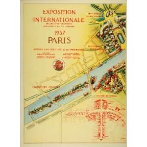  1937 Print Map Paris Exposition Seine River Eiffel Tower 