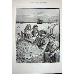   1891 Little Girls Children Old Man Telescope Ships Sea