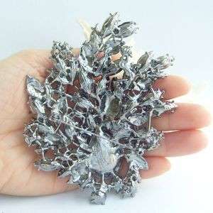 Hot 4.33Gorgeous Leaf Flower Brooch Pin w Black Swarovski Crystals 