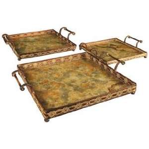  Set of 3 Square Metal and Glass Malta Trays with Handles 