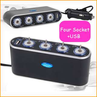 Car Cigarette Lighter Socket Splitter 4 Way 12V+USB+LED light Charger 