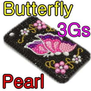 butterfly Pearl Rhinestone Case Hard Cover iPhone 3GS   
