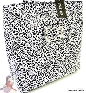 Guess G Logo Purse Lunch Tote Hand Bag Black White Patent Cat Leopard 