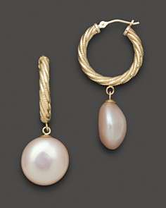 TRUNK SHOW Cultured Coin Pearl Hoop Earrings Set In 14K Yellow Gold