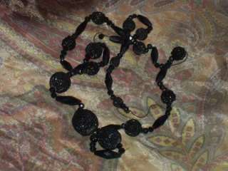   Victorian Era Jet Black Glass Beads Sequin Beads Mourning Necklace TLC