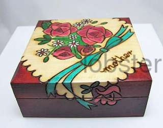 DECORATIVE HAND MADE FLORAL DESIGN WOOD JEWELRY BOX says MOTHER MADE 