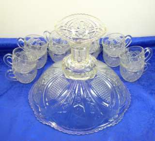 EAPG Indiana Glass Panelled Daisy Finecut Pattern Punch Bowl Set Cups 