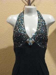 NWT RIVA DESIGNS Black Halter Bling Long Prom Gown $397  