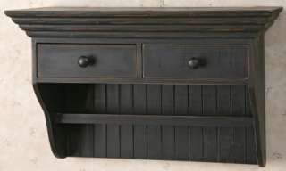 DISTRESSED BLACK WALL SHELF WITH 2 DRAWERS AND BAR HANGER PRIMITIVE 
