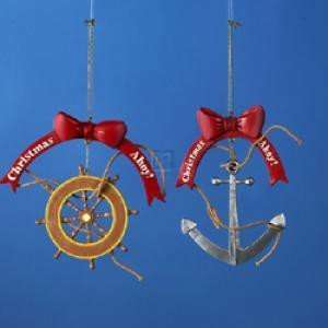 DIMENSIONAL RESIN SHIPS WHEEL & ANCHOR ORNAMENTS, SET OF 2 ASSORTED 
