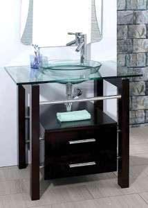  Tempered Clear Glass Vessel Sink & Vanity Cabinet w/ Faucet xd039