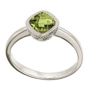  Cushion Cut Peridot Antique Style Ring in 14K White Gold 