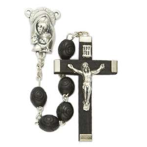 Black Intricately Carved Wood Beads Mary & Child Rosary  