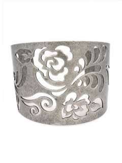 Antiqued Silver or Copper Metal Cuff Bracelet w Butterfly & Rose Cut 