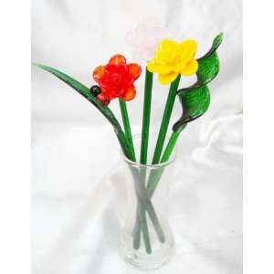  New Hand Blown Glass Begonia Flowers in Clear Glass Vase 