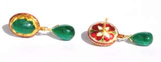 ANTIQUE 22KT SOLID GOLD AAA EMERALD COLORFUL ENAMEL EARRINGS  