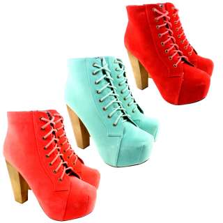 WOMENS BRIGHT SUEDE WOODEN HIGH HEEL LACES PLATFORM ANKLE SHOE BOOTS 