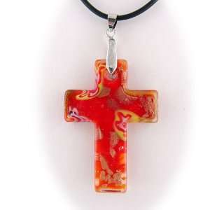 Murano Red Glass Cross Pendant 18 Inch Rubber Cord Necklace Sterling 
