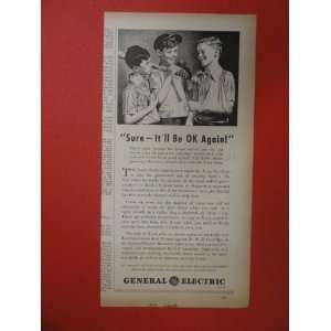  General Electric, 1940 Print Ad (3 boys/1 with broking arm 