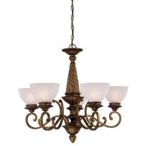   Five Light Chandelier, Artisan Bronze Finish with Etched Pleated Glass