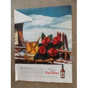 Four Roses whiskey, Vintage 50s full page print ad. (ski slope/roses 