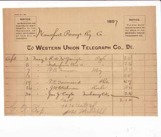 1897 *Western Union Telegraph Billhead Williamsport PA  