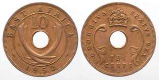 BRITISH EAST AFRICA 10 Cents 1952 H GEORGE VI bronze XF SCARCE 