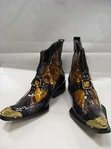   Fiesso Brown,Patent,Pointed Toe,Gold Metal Tip,Boots w/Zipper FI 6357