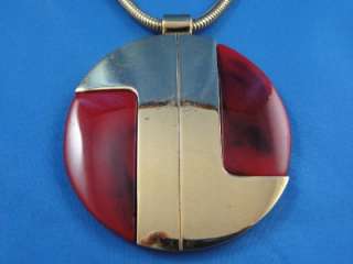 Vintage ~LANVIN PARIS~ Gold Tone Red LUCITE Circle Pendant Necklace 