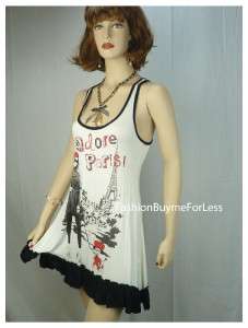   Paris Ruffle Rhinestone Jersey Shirt Tank Top Dress S M L  