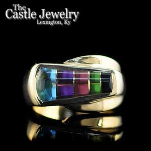   Multi Colored Cabochon Inlay Gemstone 14 Karat Yellow Gold Ring  