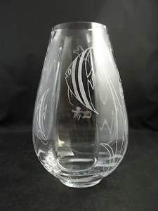 Heavy Large Clear Glass Vase Etched Fish Design Over 9 Inches Tall 