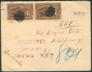   Columbian pair tied on registered mourning cover to Canada, Ontario