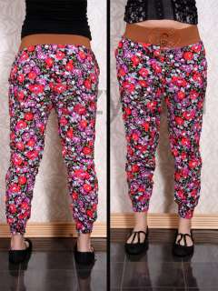 New Womens Leggings Ali Baba Belt Floral Printed Harem Trouser Size S 