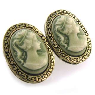 Antique Brass Oval Green Khaki Cameo Stud Earrings e126  
