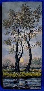 FRENCH OIL PAINTING WOOD PANEL CLAIR DE LUNE FULL MOON  