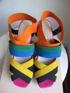 NIB Prada Elastic Multi Color Striped Wedge Sandals Shoes Runway 38 39 