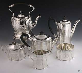 6pc ENGLISH STERLING SILVER ENGRAVED TEA SET 1920s  