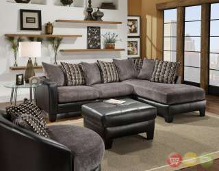 Black & Gray Loose Pillow Back Microfiber Sectional w/ Chaise 